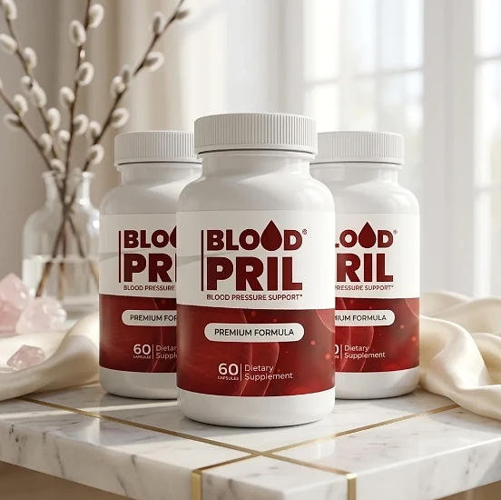 Three BloodPril bottles on a marble table