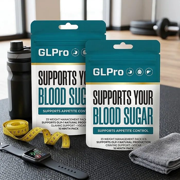 Two GLPro Patch packs on a gym mat beside a water bottle, a measuring tape, a smartwatch and a towel