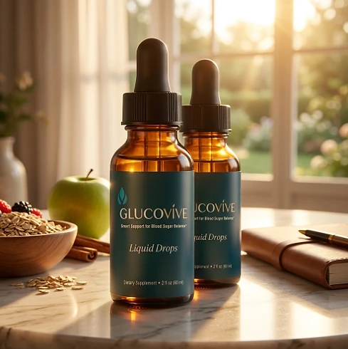 Two GlucoVive dropper bottles on a marble table beside a green apple and a bowl of oats
