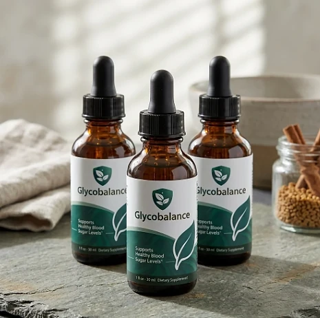 Three Glycobalance dropper bottles on a slate surface beside cinnamon sticks