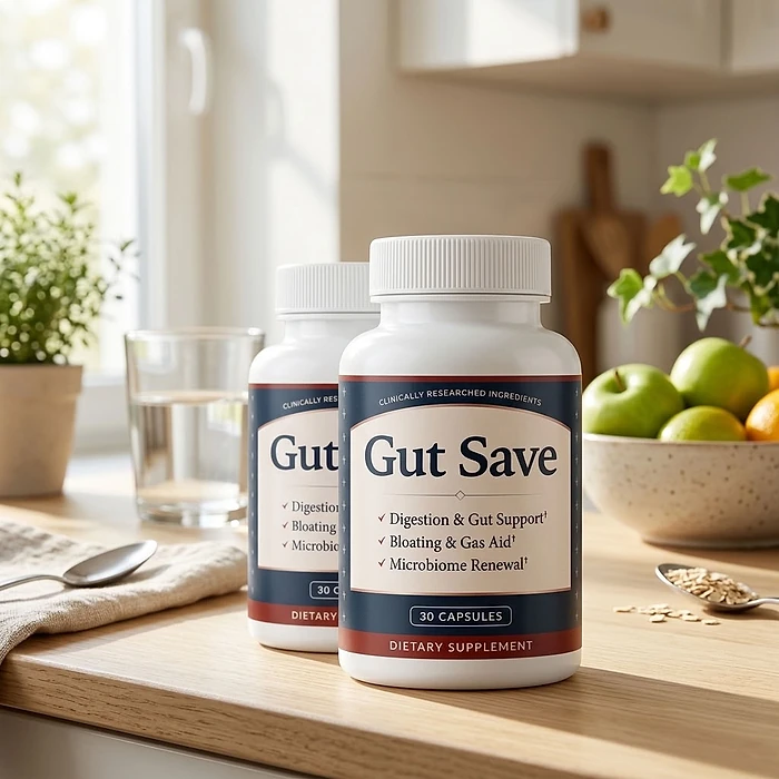 Two Gut Save bottles on a kitchen counter beside a bowl of green apples
