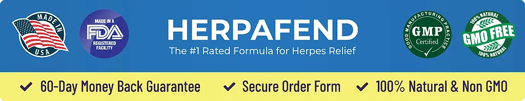 Herpafend quality seals: made in the USA, FDA-registered facility, GMP, GMO free and 60-day money-back guarantee