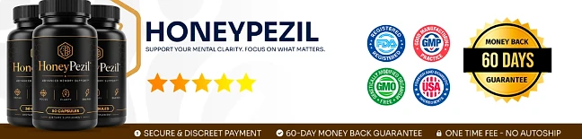 HoneyPezil: FDA-registered, GMP, GMO-free and USA badges with a 60-day money-back guarantee