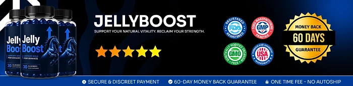 JellyBoost: FDA-registered, GMP, GMO-free and USA badges with a 60-day money-back guarantee