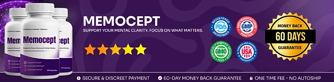 Memocept: FDA-registered, GMP, GMO-free and USA badges with a 60-day money-back guarantee
