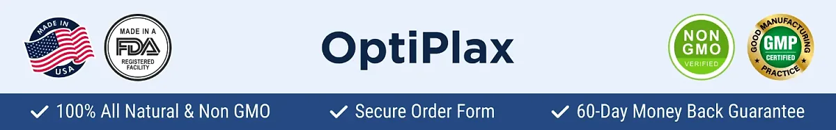OptiPlax quality seals: made in the USA, FDA-registered facility, non-GMO, GMP and 60-day money-back guarantee