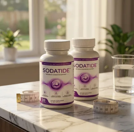 Two bottles of Sodatide capsules on a kitchen counter
