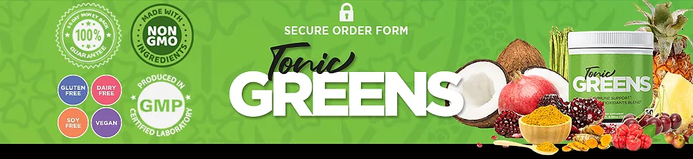 Tonic Greens: 100% money-back guarantee, non-GMO ingredients, GMP-certified laboratory, gluten, dairy and soy free and vegan badges